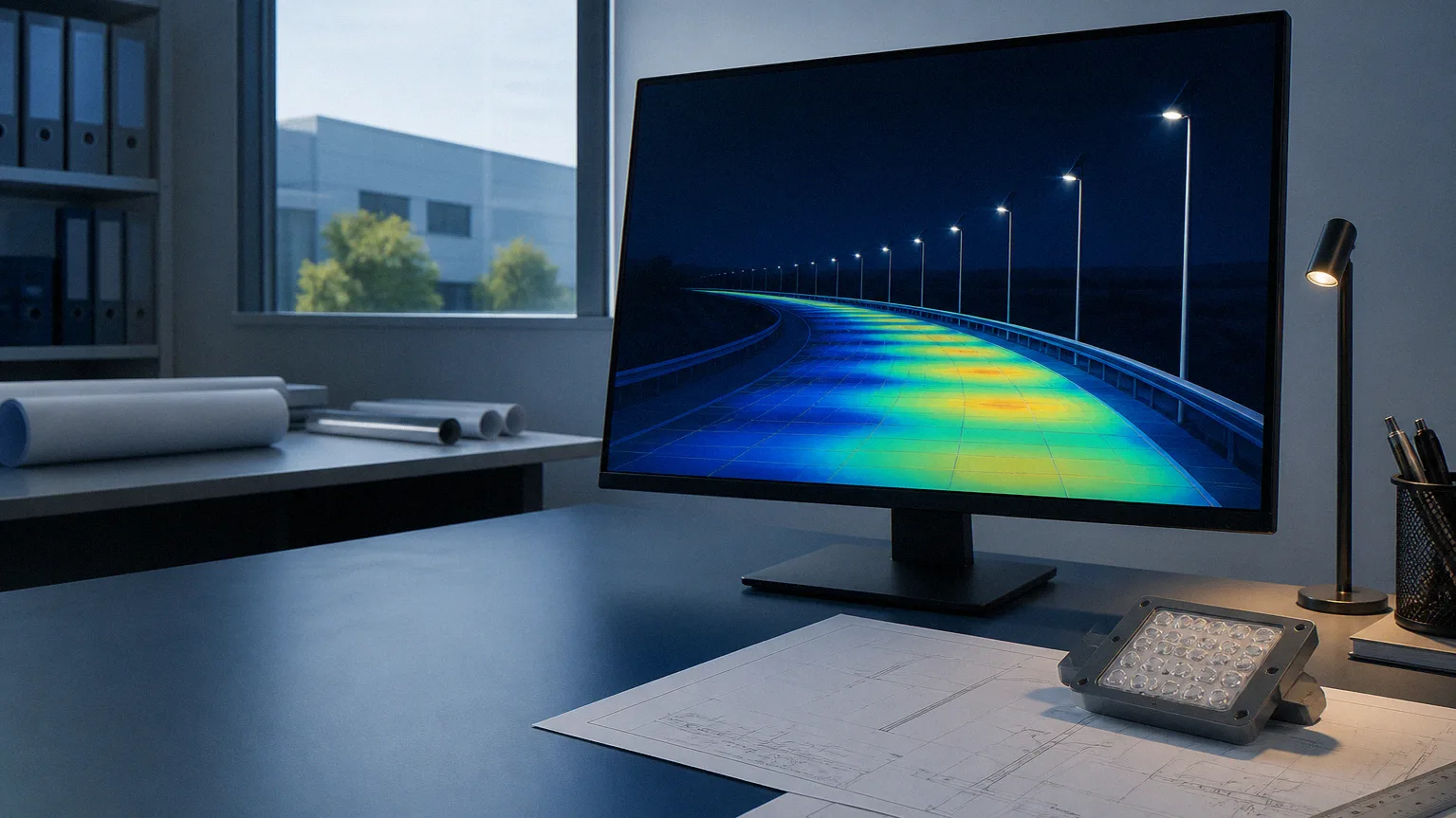 Lighting engineer reviewing a photometric layout at a design desk