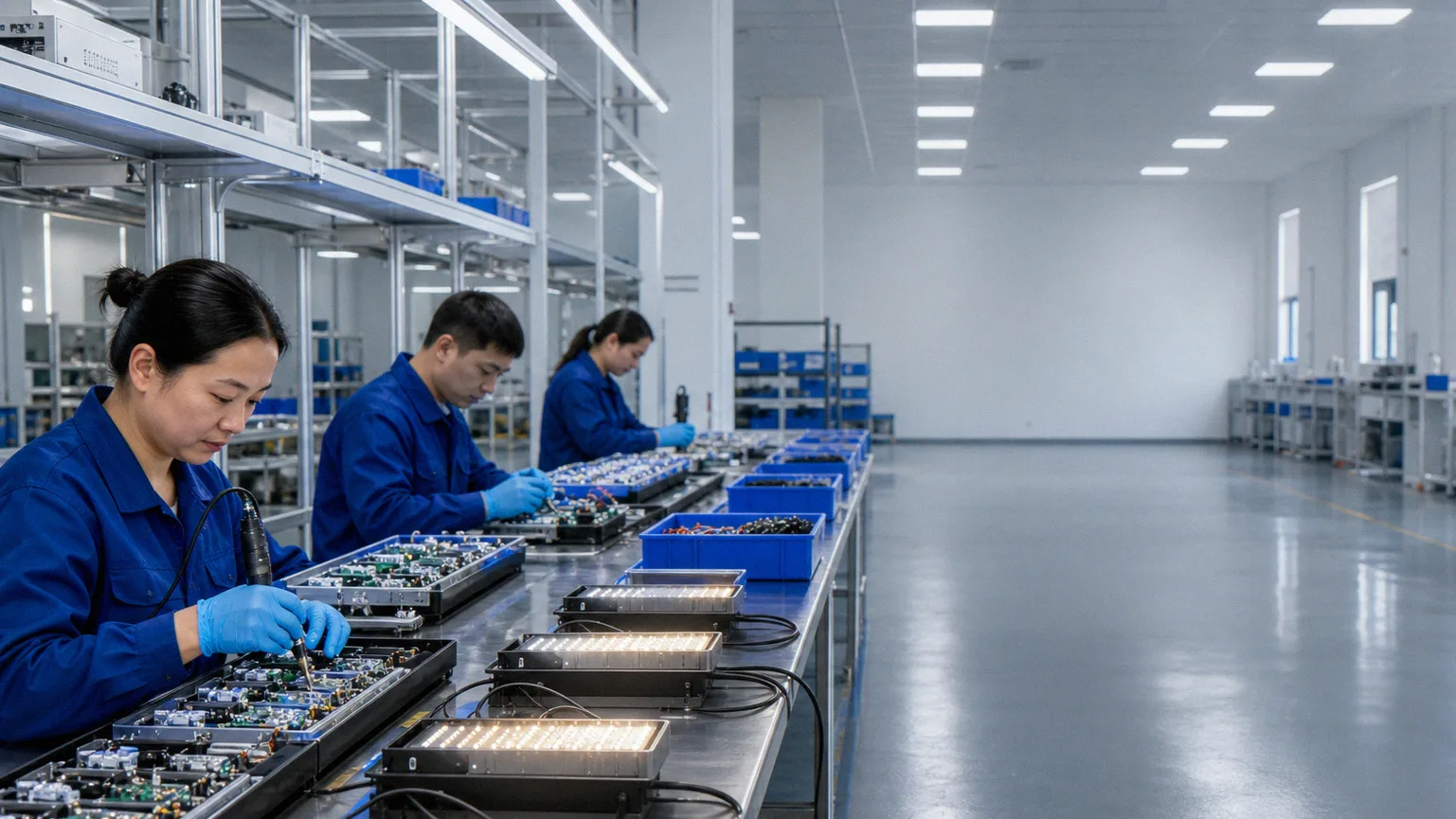 Workers assembling lighting modules and battery packs in a workshop