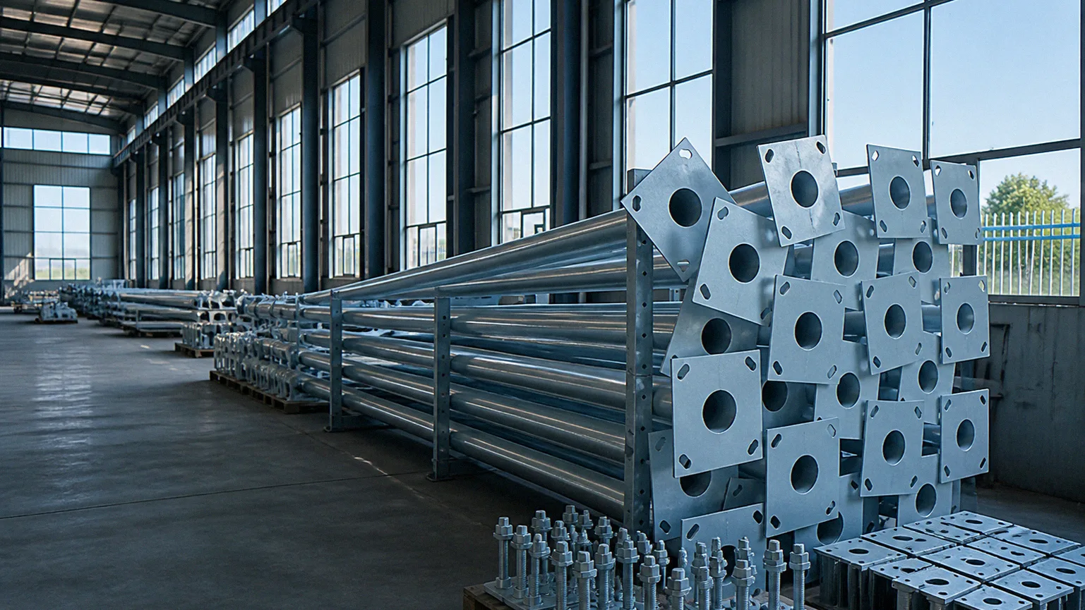 Outdoor lighting products staged in a manufacturer's warehouse