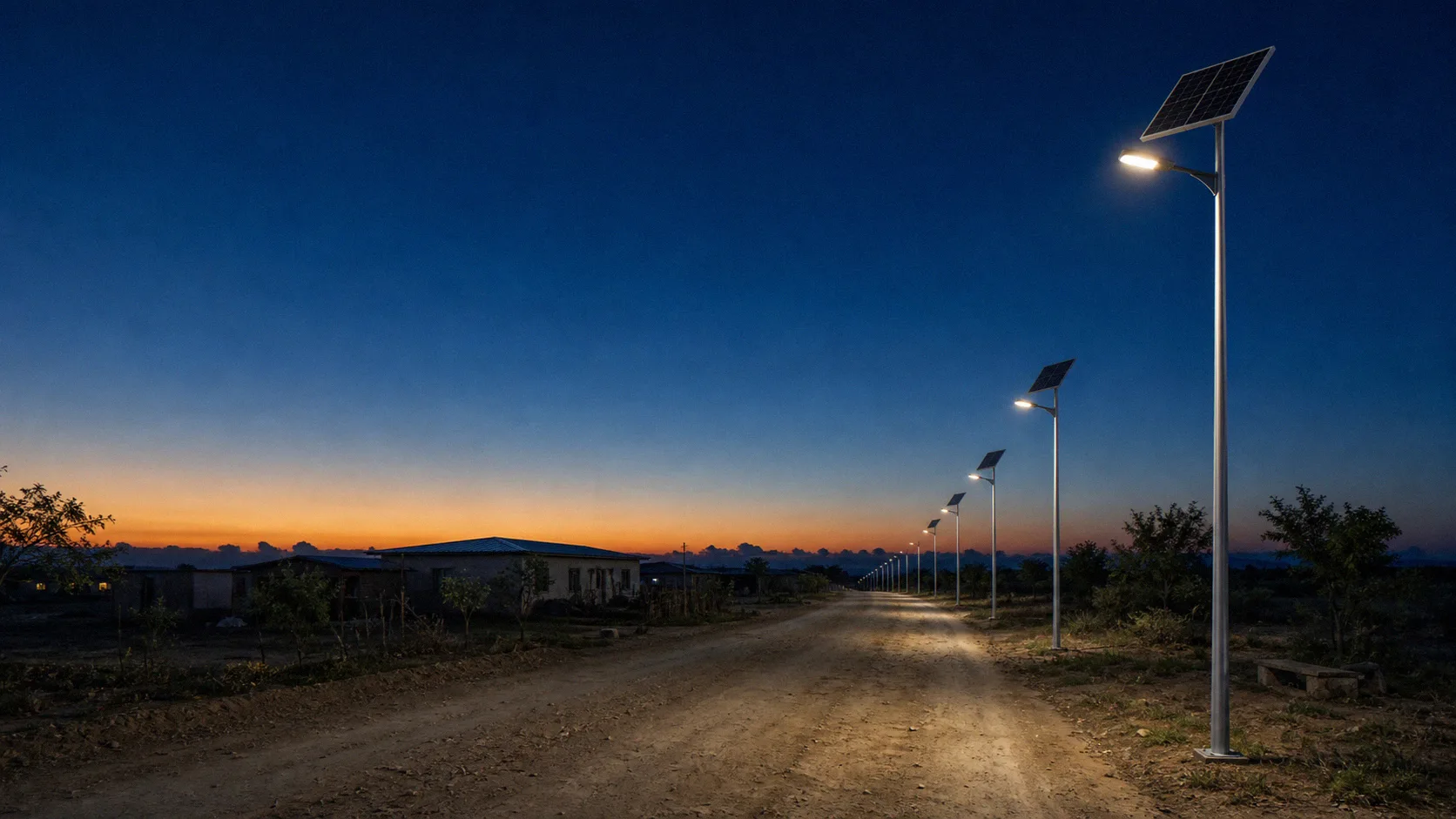 Solar street lights along a rural village road at dusk