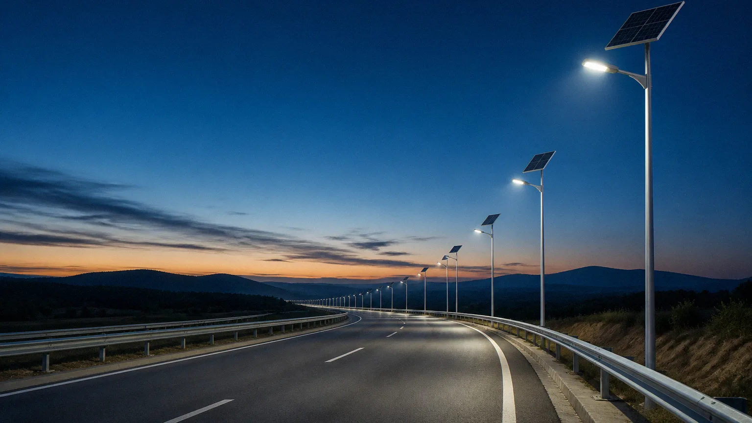 Solar street lights lining a highway at dusk