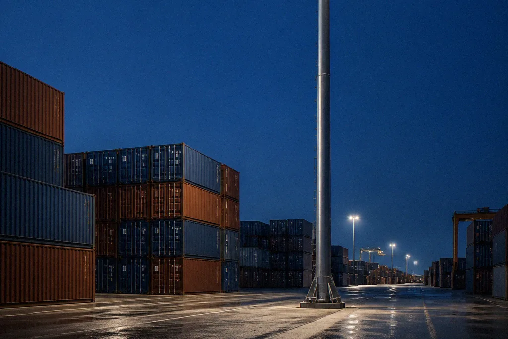 High mast lighting tower illuminating a container yard at night
