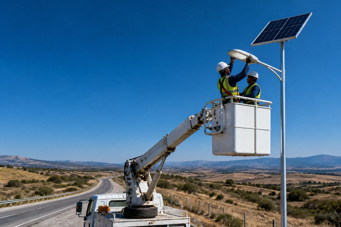 Technicians installing a solar street light head on a roadside pole